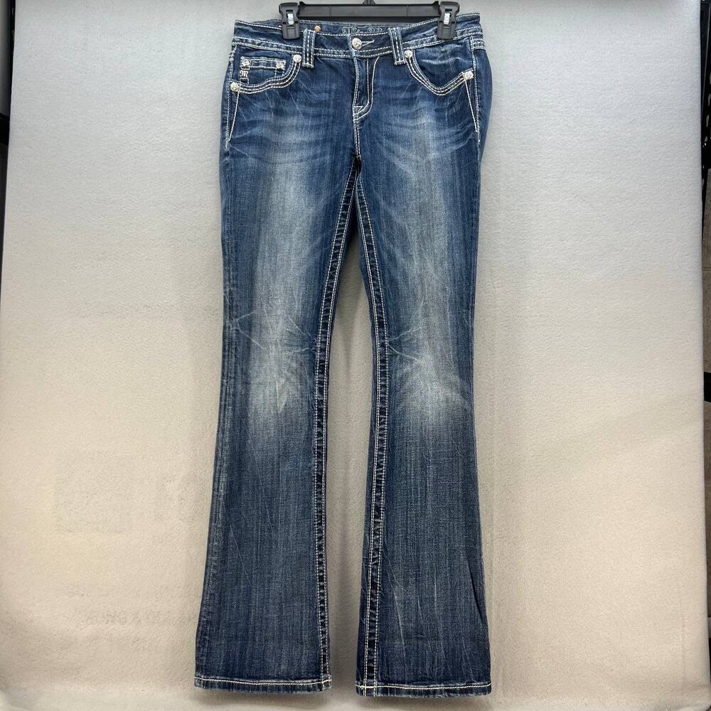Miss Me Women's Jeans Size 29 (8) Mid Rise Boot Fleur De Lis Biker Moto Bling - Picture 2 of 14